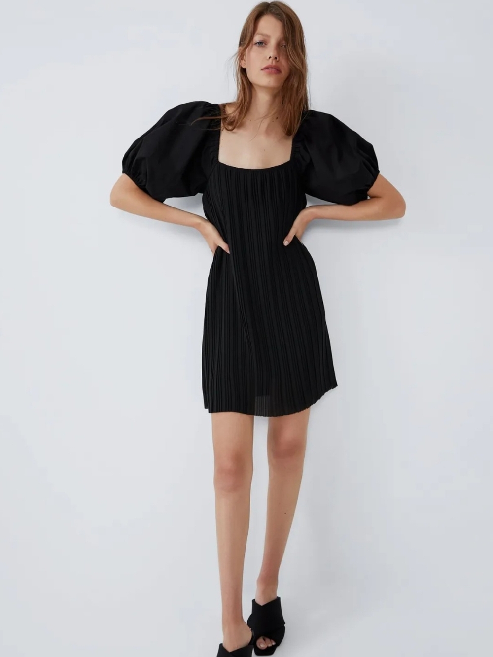 ZARA NWT Black Pleated Puff Sleeve Mini Dress Size M Square Neck Babydoll